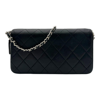 Black Zip Wallet with added silver and leather crossbody chain Chanel