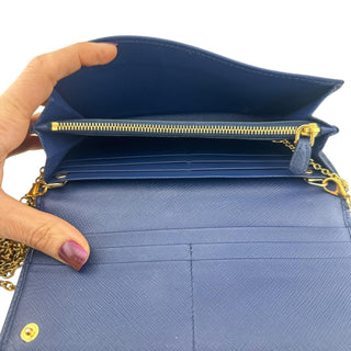 Preowned Prada Indigo Wallet and Detachable Card Holder with added Gold Crossbody Chain prada Prada