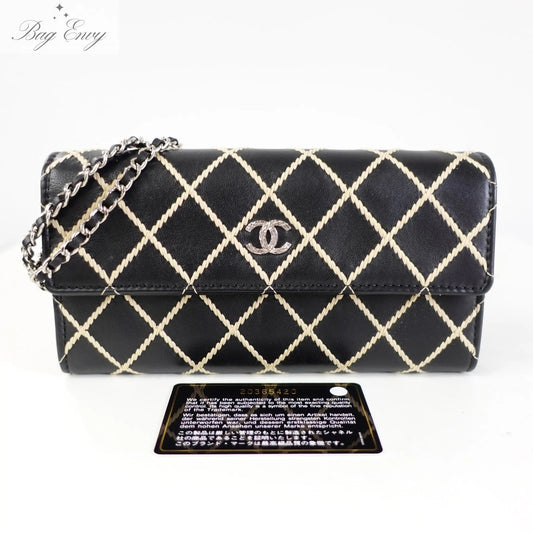 CHANEL Calfskin Wild Stitch Long Flap Wallet with Added Unbranded Chain - Bag Envy