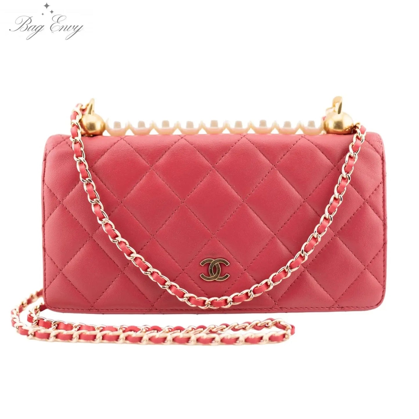 CHANEL Lambskin Bifold Wallet with Pearl Crown & Leather Chain - Bag Envy