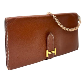 Brown Chevre Bearn Wallet with Gold Crossbody Chain Hermes