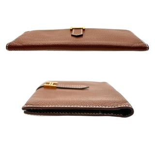 Brown Chevre Bearn Wallet with Gold Crossbody Chain Hermes