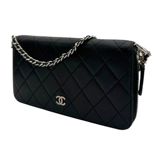 Black Zip Wallet with added silver and leather crossbody chain Chanel
