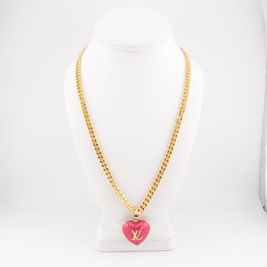 LOUIS VUITTON Gold & Magenta Puffy Heart Charm Necklace - Bag Envy