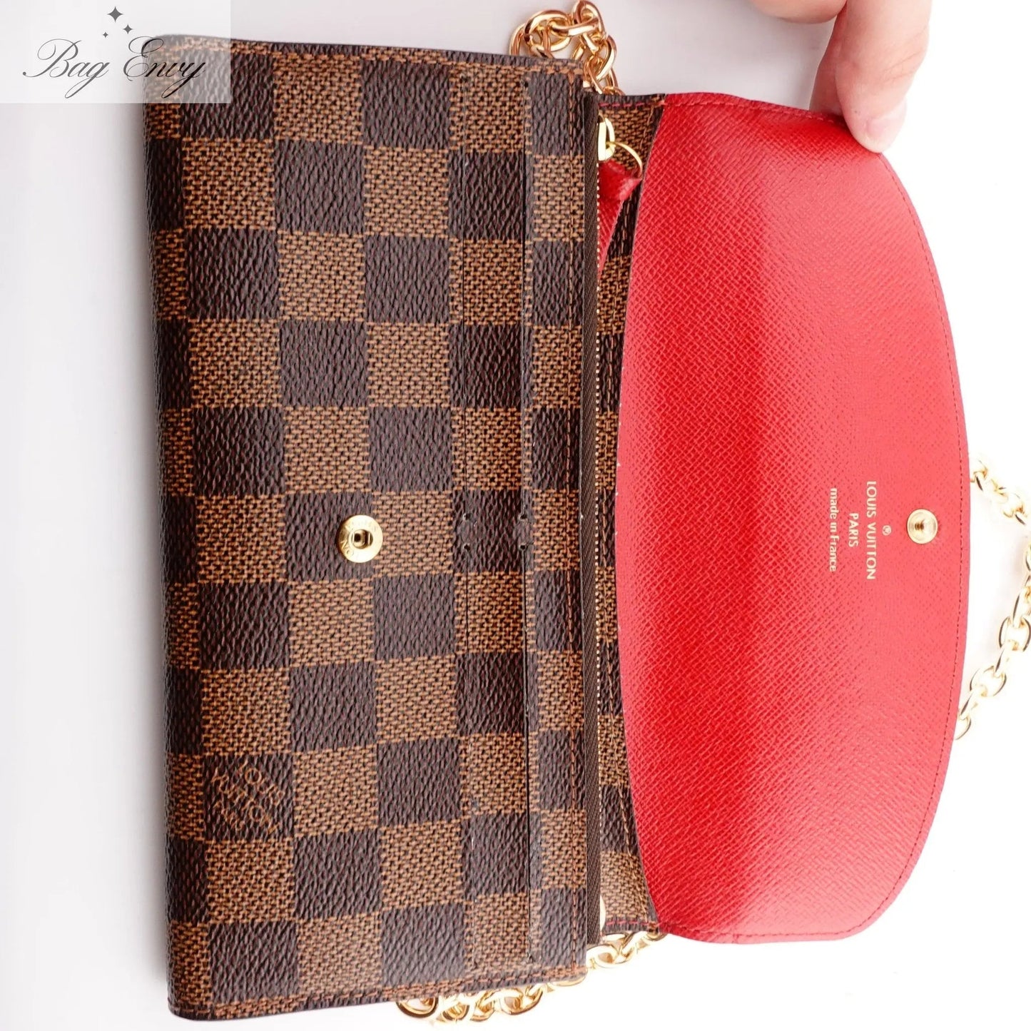 LOUIS VUITTON Red Damier Ebene Emilie Wallet on Chain - Bag Envy