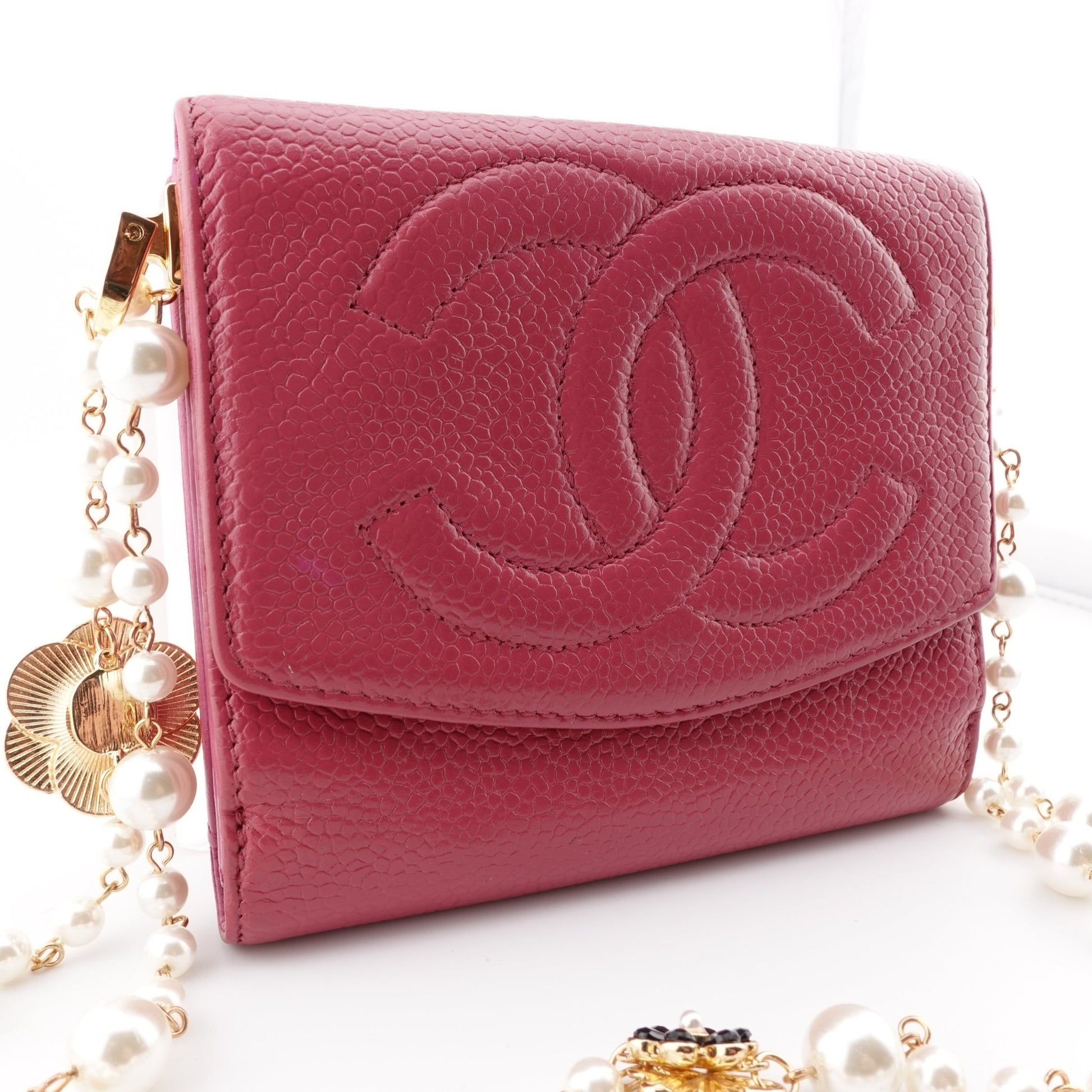 CHANEL Caviar Timeless Compact Wallet on Pearl Chain - Bag Envy