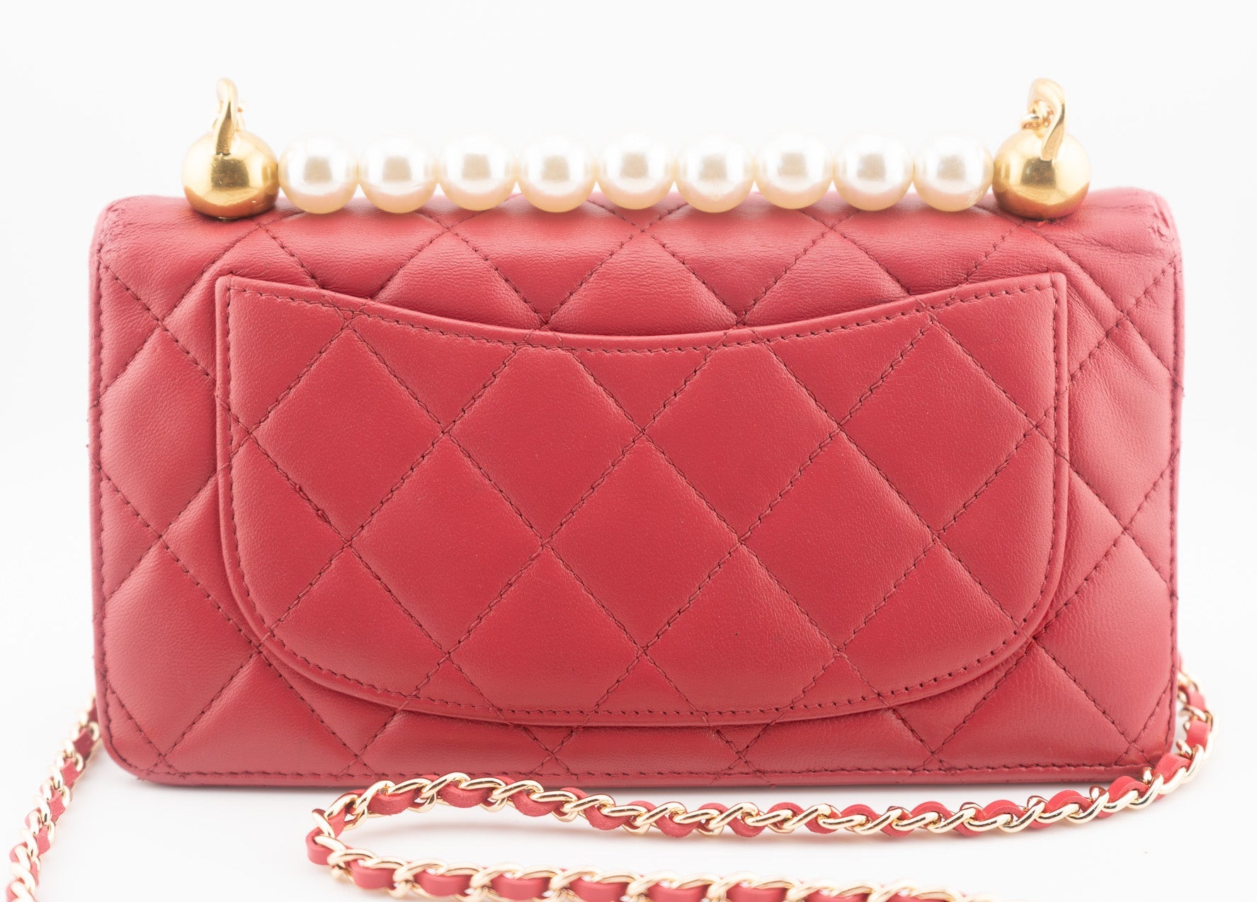 CHANEL Lambskin Bifold Wallet with Pearl Crown & Leather Chain - Bag Envy