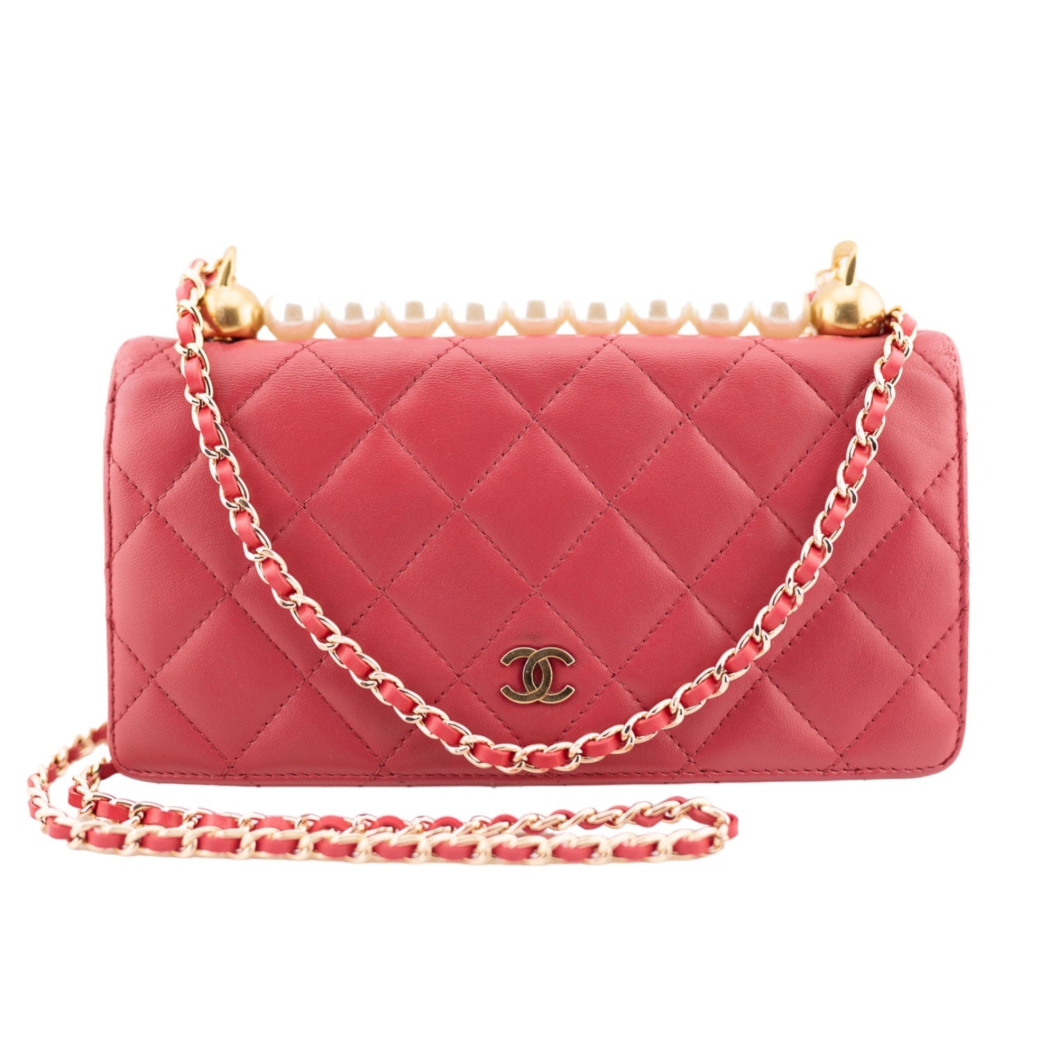 CHANEL Lambskin Bifold Wallet with Pearl Crown & Leather Chain - Bag Envy