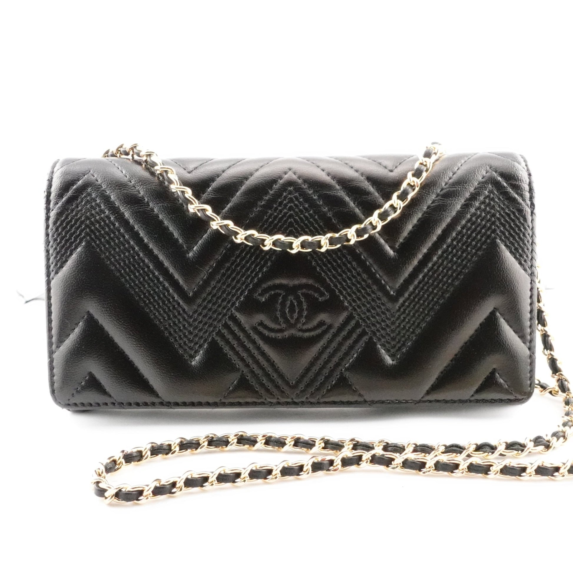 CHANEL Lambskin Chevron Quilted Full Flap Wallet on Chain - Bag Envy
