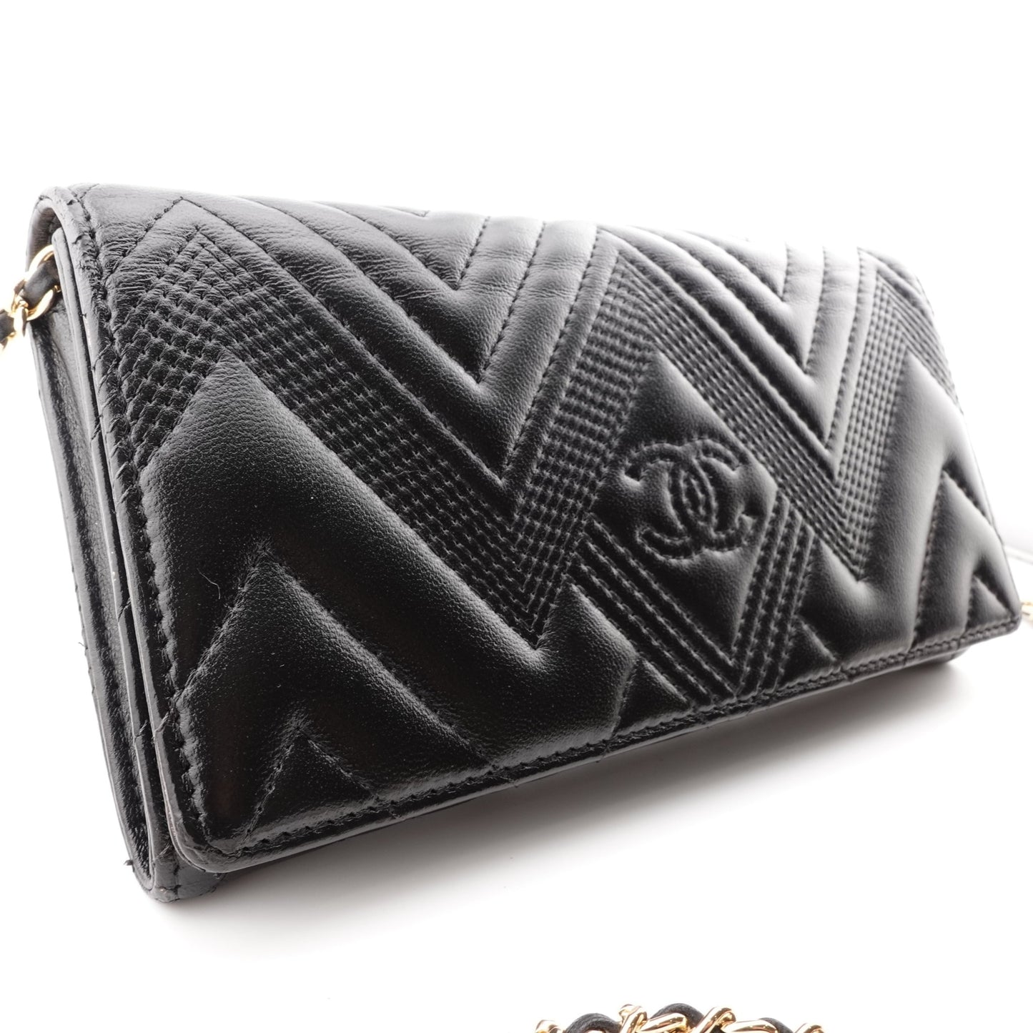 CHANEL Lambskin Chevron Quilted Full Flap Wallet on Chain - Bag Envy