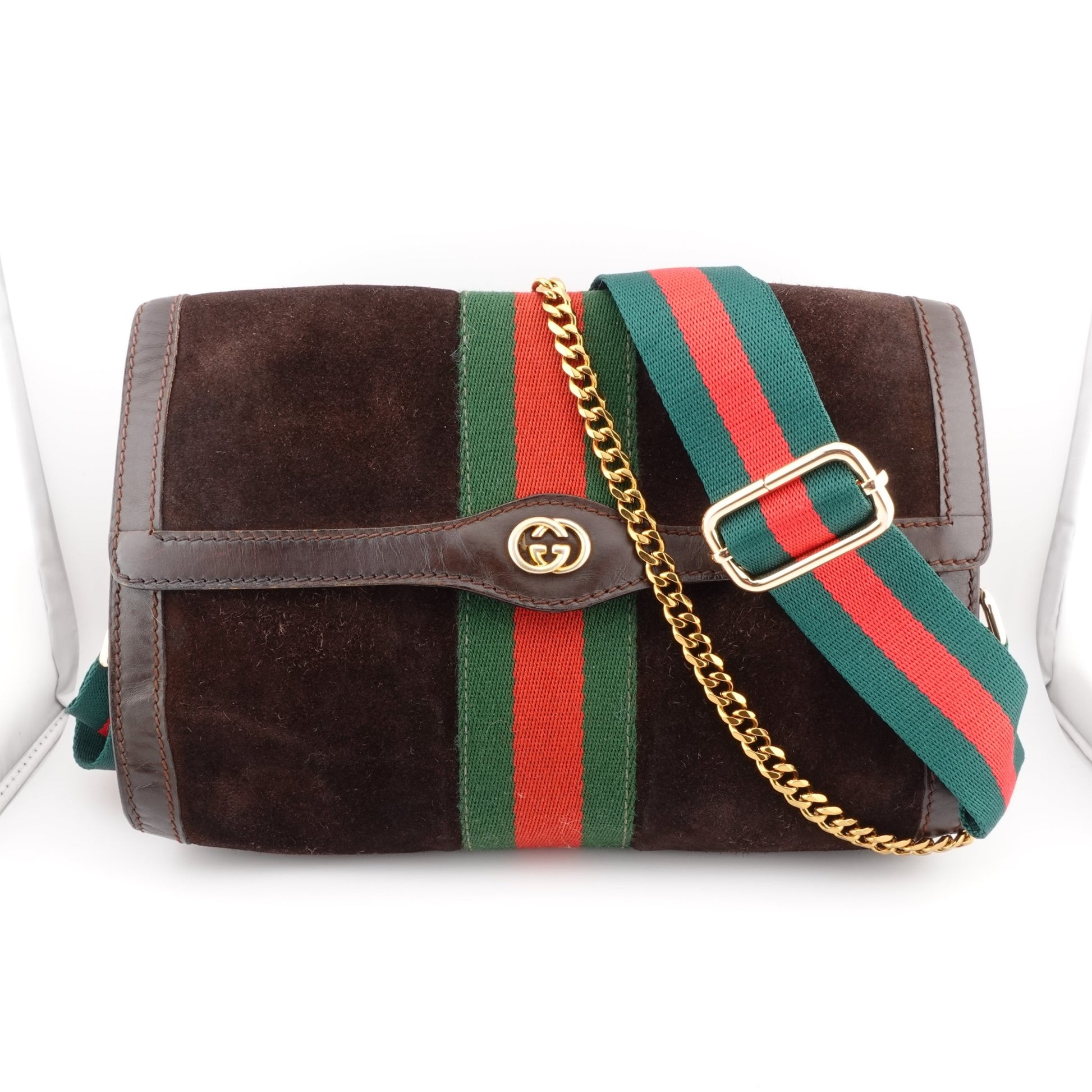 GUCCI Medium Suede Ophidia Clutch with Strap & Chain - Bag Envy